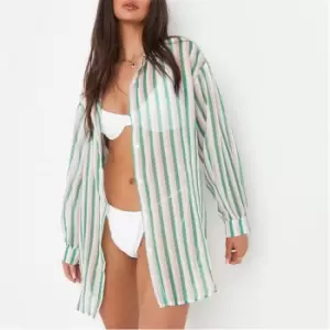 image of Missguided Stripe Mesh Beach Cover Up Shirt - Pink