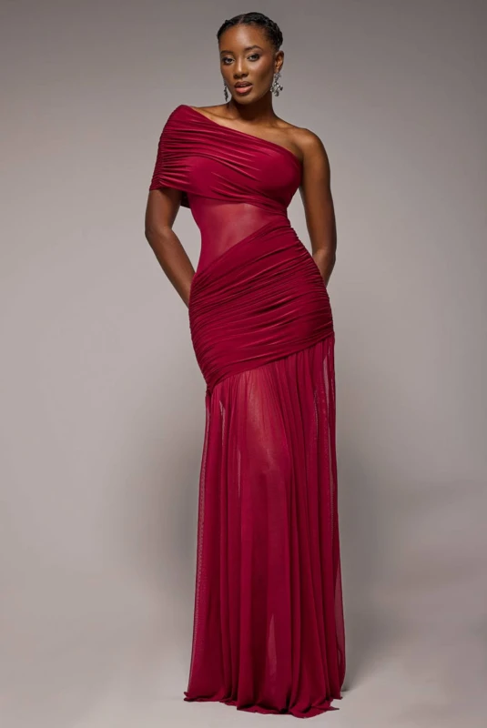 Image of Goddiva Womens Gathered One Shoulder Sheer Panel Maxi Dress in Wine Size: 6 Wine Female 6