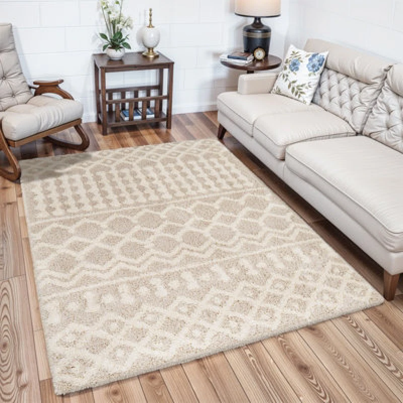 Image of Livabliss Shaggy Geometric Plush Pile Cream Beige Nour Area Rug 200 X 290 Cm - Easy Care, Non Shedding, Ideal For Living Room & Bedroom