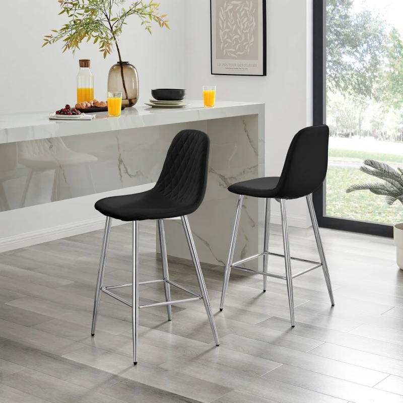 Image of FurnitureboxUK FurnitureboxUK Corona Set of 2 Bar Stools - Faux Leather Bar Chair With Silver Legs - Kitchen Island Stool in Black One Size Unis