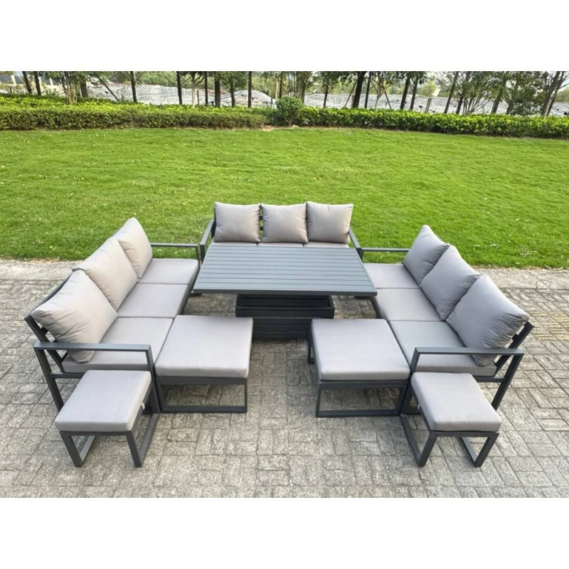 Image of Fimous Aluminum Modern Patio Conversation Set with Lifting Table, 4 Footstools in Dark Grey Dark Grey Unisex