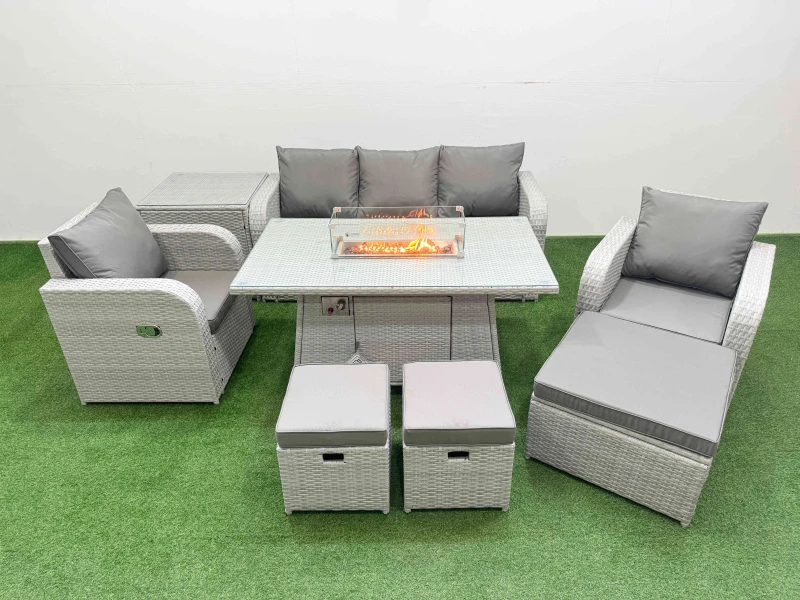 Image of Fimous PE Rattan Garden Furniture Set Reclining Chair Sofa Lounge Sofa Set Firepit Dining Table Side Table 3 Stools Light Grey Light Grey
