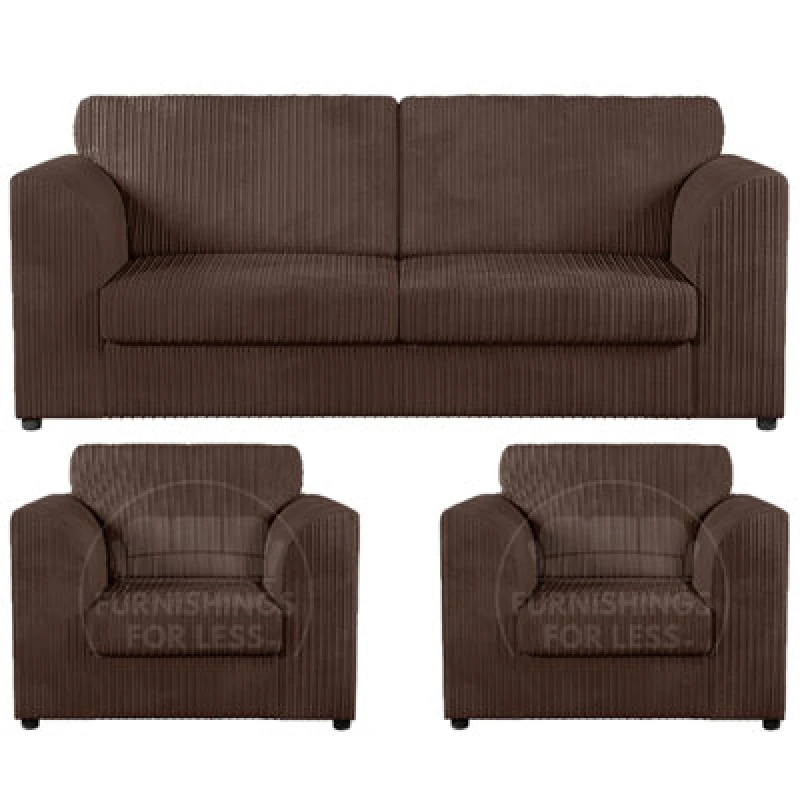 Image of Furnishings For Less UK Luxor Jumbo Cord 3 + 1 + 1 Fabric 3 Piece Sofa Suite - Fullback Chocolate