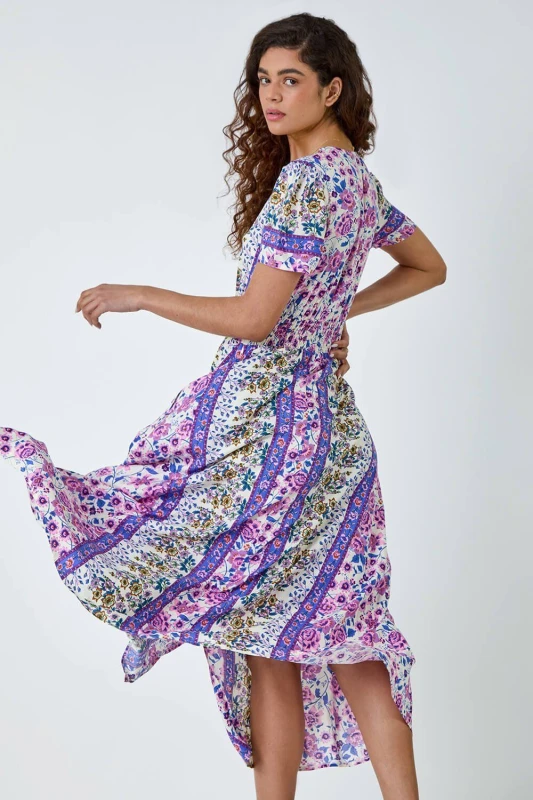 Image of Roman Womens Abstract Print Button Maxi Dress in Purple Size: 10 Purple Female 10