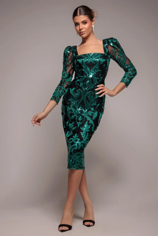 Image of Goddiva Womens Square Neck Scalloped Lace Midi Dress in Emerald Size: 8 Emerald Female 8