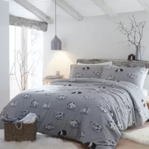 image of Cosy Pig 100% Brushed Cotton Reversible Duvet Cover Set, Grey, Double - Fusion