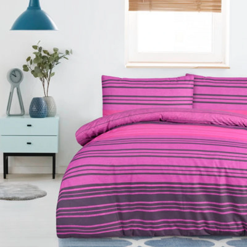 Image of Smart Living Smart Living Printed Reversible Polycotton Textured Stripe Duvet Cover With Pillowcases in Purple Size: King Purple King Unisex 5060301