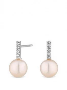 image of Simply Silver Sterling Silver White Freshwater Pearl With Cubic Zirconia Crystals Bar Drop Earrings