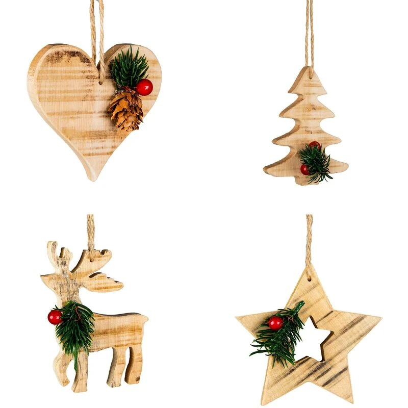 Image of Shatchi 4Pcs Wooden Craft Assorted Shapes - Heart,Tree,Star,Reindeer- Christmas Tree Hanging Decorations Natural
