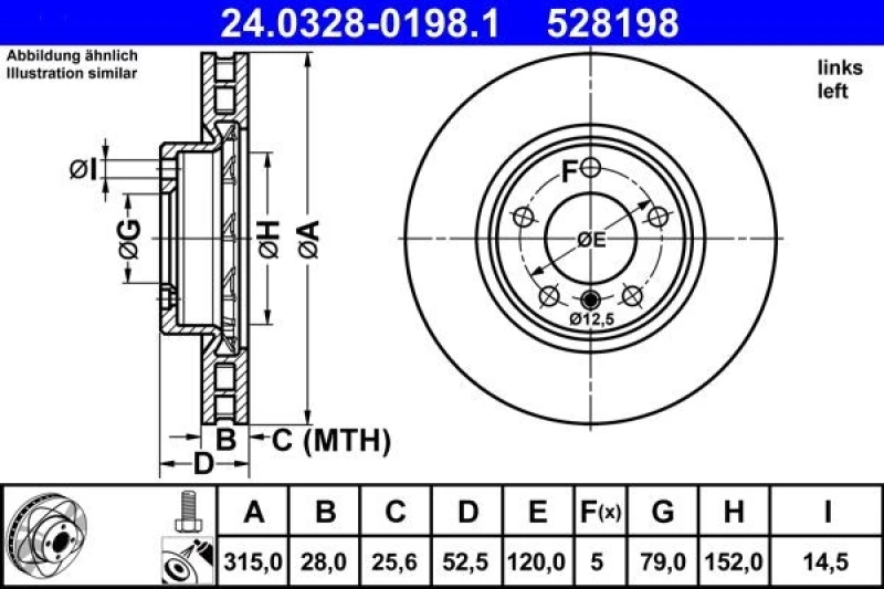 Image of ATE 24.0328-0198.1 Brake disc Vented, Coated, High-carbon, with bolts/screws Brake Disc (82)