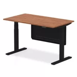 image of Air 1400 x 800mm Height Adjustable Desk Walnut Top Black Leg With Black Steel Modesty Panel