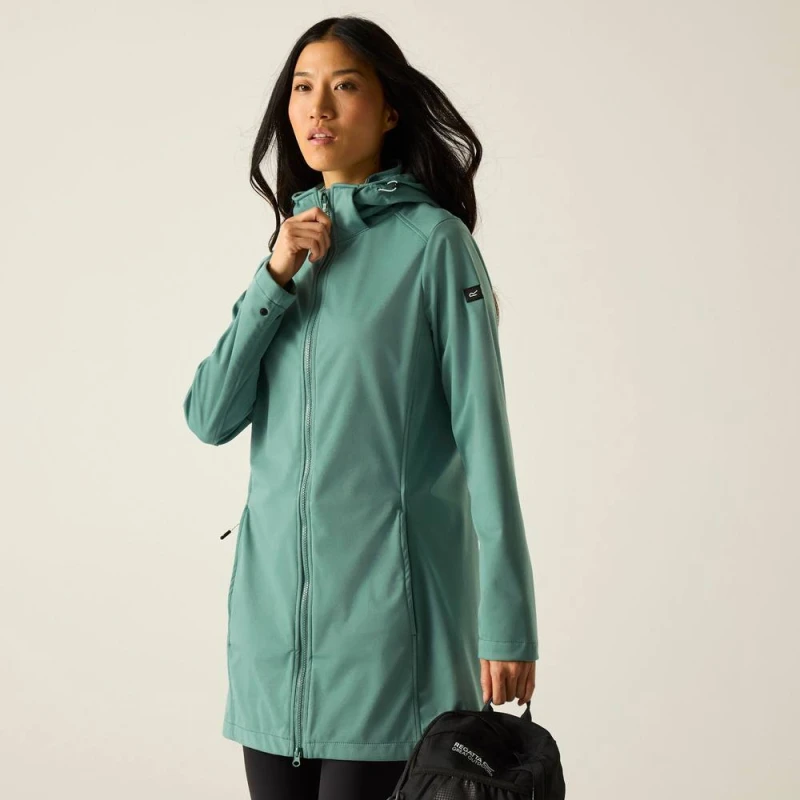 Image of Regatta Womens Carisbrooke Water-Repellent Longline Hooded Softshell Jacket in Teal Size: 8 Teal Female 8