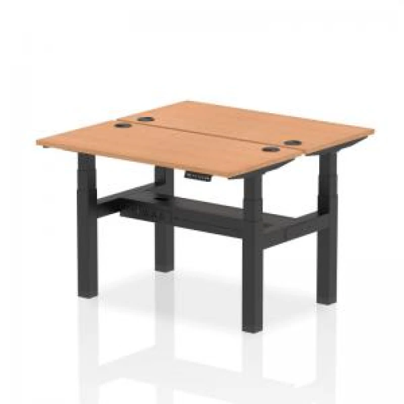 Image of AIR Dynamic Air Back-to-Back W1200 x D600mm Height Adjustable Sit Stand 2 Person Bench Desk With Cable Ports Oak Finish Black Frame - HA01548 HA01548