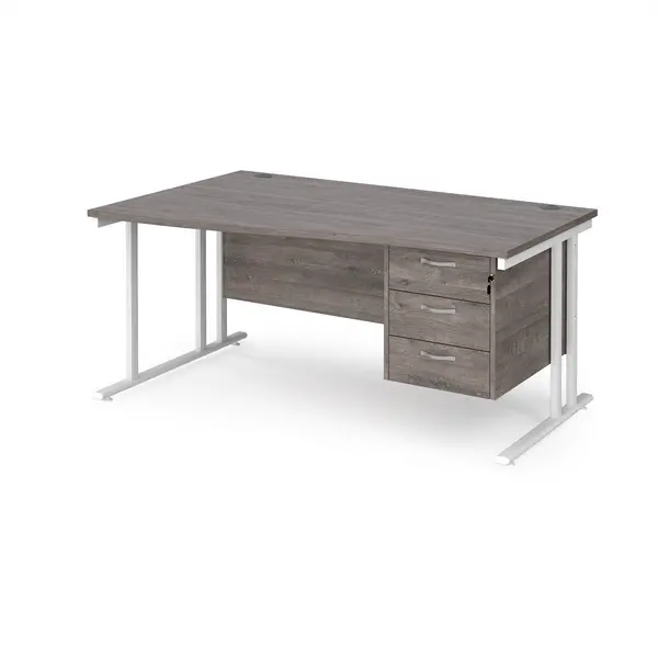 Image of Maestro 25 left hand wave desk 1600mm wide with 3 drawer pedestal - white cantilever leg frame, grey oak top