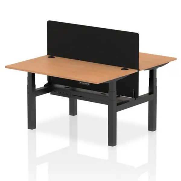 Image of Air Air Back-to-Back 1400 x 800mm Height Adjustable 2 Person Bench Desk Oak Top with Cable Ports Black Frame with Black Straight Screen HASCP2P14800O