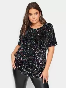 Image of Yours Sequin Rainbow Velvet Front T Shirt, Black, Size 16, Women