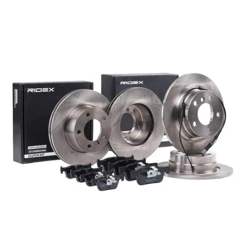 Image of RIDEX 3405B1669 Brake disc and pads set Rear Axle, Brake Disc Type: Solid, incl. wear warning contact, with piston clip Brake Set,disc brakes (3405)