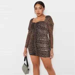 Missguided Mesh Ruched Ls Mini Dress Leopard - Brown