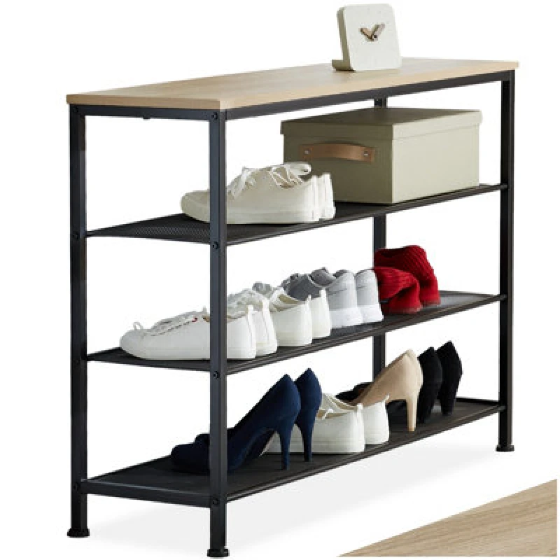 Image of Tectake Shoe Rack Portsmouth - Surface Shelf And 3 Grid Shelves, Industrial Style - Industrial Wood Light, Oak Sonoma