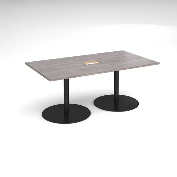 Image of Eternal Rectangular Office Boardroom Table with Power Module Cut Out - Grey Oak - Black Base - W1800mm