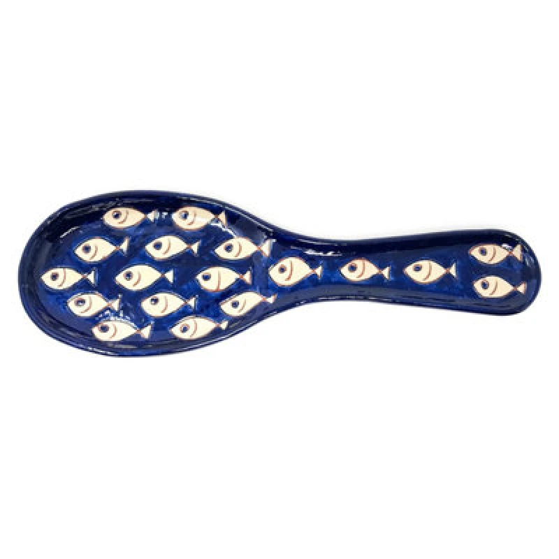 Image of Verano Spanish Ceramics Signature Blue With White Fish Hand Painted Ceramic Utensil Spoon Rest (L) 28Cm
