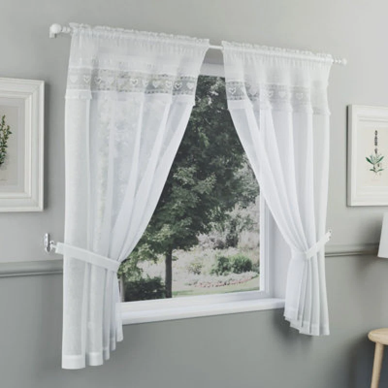 Image of Tyrone Textiles Tyrone Textiles Lucy Embroidered Heart Kitchen Window Set Curtain Pair with Frill Edging and Matching Tie Backs (Black, 36" (91cm)) Wh