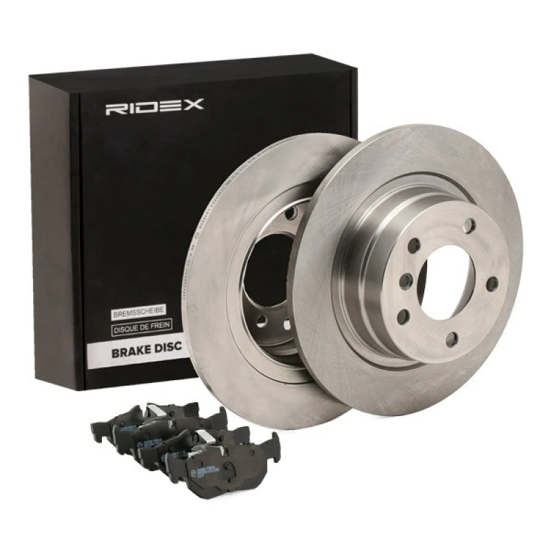 Image of RIDEX 3405B1425 Brake disc and pads set Rear Axle, Brake Disc Type: Solid, prepared for wear warning indicator, with piston clip Brake Set,disc brake
