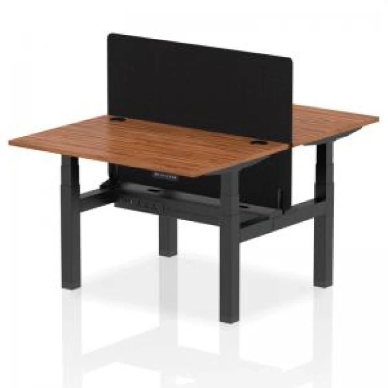 Image of Air Back - to - Back 1200 x 800mm Height Adjustable 2 Person Bench Office Desk Walnut Top - Cable Ports Black Frame - Black Straight Screen