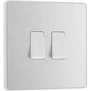 Image of BG Evolve Brushed Steel (White Ins) Double Light Switch, 20A 16Ax, 2 Way in Silver