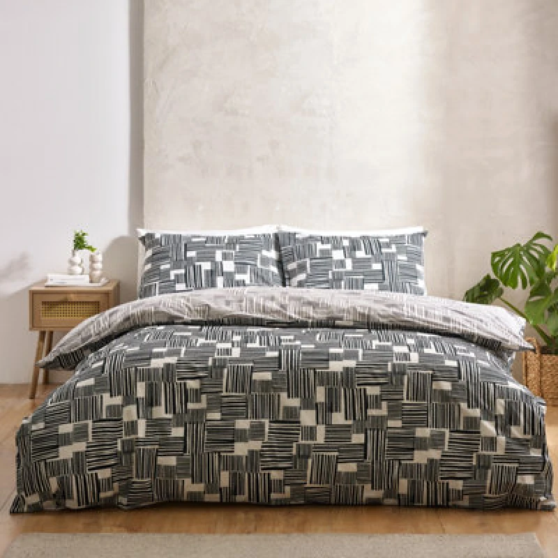 Image of Catherine Lansfield Blocks Reversible Duvet Cover Bedding Set Black