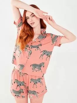 Image of CHELSEA PEERS Chelsea Peers Button Up Printed Short Set, Pink Size XL Women
