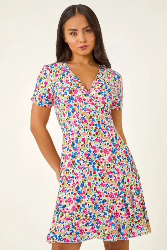 Image of Roman Womens Petite Floral Frill Wrap Dress in Blue Size: 16 Blue Female 16