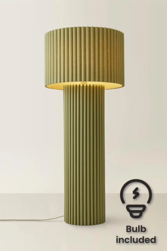 Image of ValueLights ValueLights Lenny Drum Shade Colour Drench Ribbed Fabric Midi Floor Lamp with Bulb in Pale Green Pale Green One Size Unisex 5059406066504