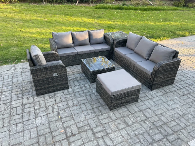 Image of Fimous Outdoor Rattan Garden Furniture Set Conservatory Patio Sofa Coffee Table With Reclining Chair Big Footstool Side Table Dark Grey