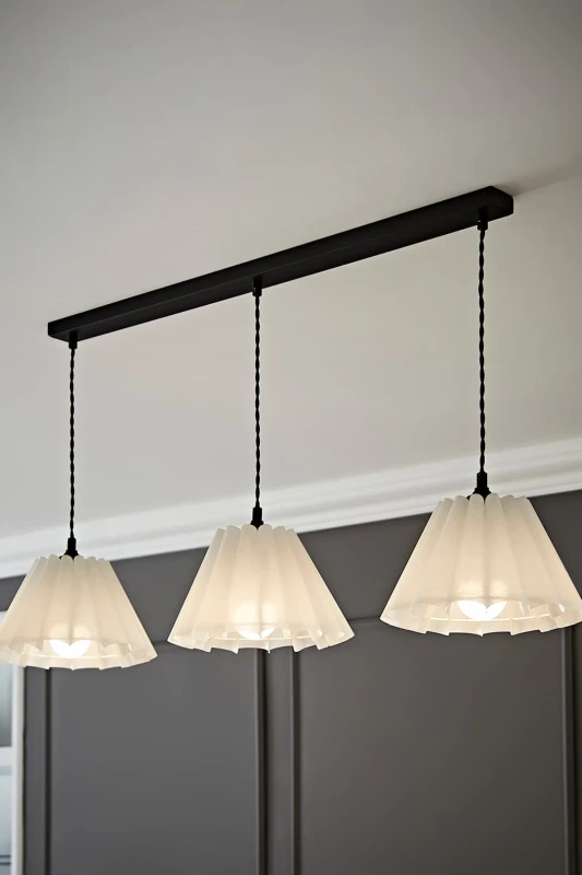 Image of ValueLights Lauren White Pleated Shade 3 Drop Bar Black Diner Ceiling Light White Unisex