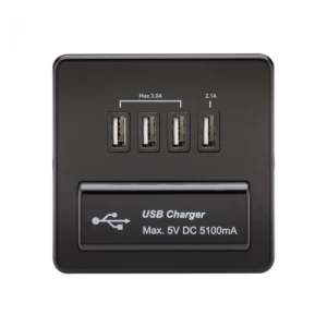 image of KnightsBridge 1G Screwless Matt Black Quad USB 5V Charger Outlet - Black Insert