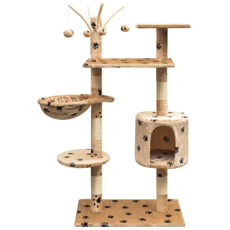 Image of vidaXL Cat Tree with Sisal Scratching Posts 125cm Paw Prints Beige Play Tower