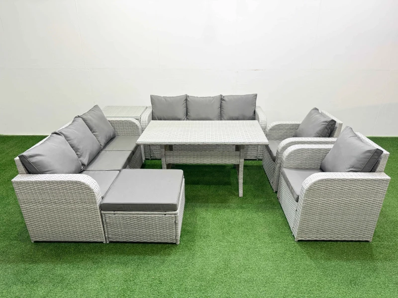 Image of Fimous PE Rattan High Back Lounge Sofa Set Patio Rectangular Dining Table & Chairs Set with 3 Seater Sofa Reclining Chair Big Footstool Side Table Lig