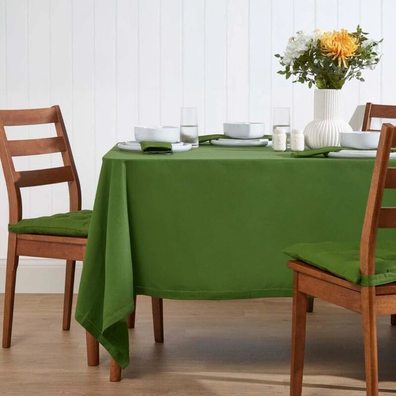 Image of Homescapes Plain Cotton Tablecloth, 137cm x 137cm Olive