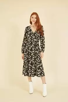 Image of Black Daisy Print Midi Dress With Long Sleeves