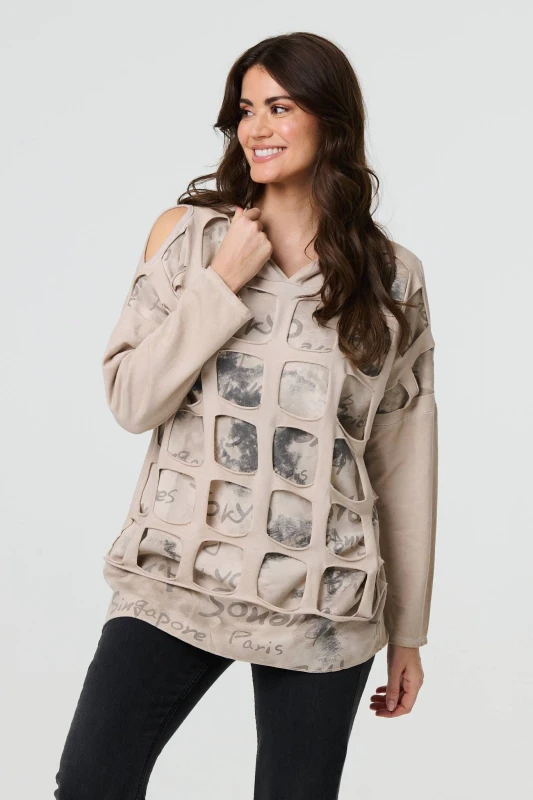 Image of Izabel London Womens Graphic Print Cut Out Layer Hoodie in Beige Size: 8-10 Beige Female 8-10
