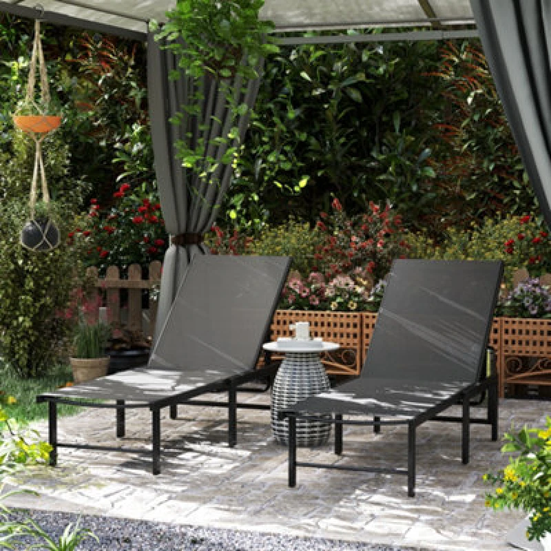 Image of Outsunny Sun Loungers Set of 2, 5-Level Reclining Sunbeds, Grey 84G-596V03GY