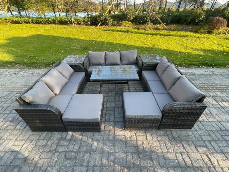 Image of Fimous Rattan Garden Furniture Set 11 Seater Patio Outdoor Lounge Sofa Set with 2 Side Tables Rectangular Dining Table 2 Big Footstool Dark Grey