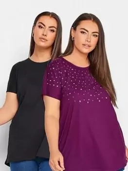 Image of Yours 2 Pack Embellished T-Shirt - Black/Purple, Black, Size 16, Women