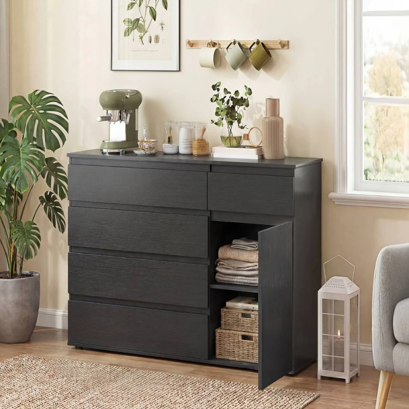 Image of HOMCOM Sideboard Storage Cabinet, Kitchen Cupboard with 5 Drawers in Black Unisex