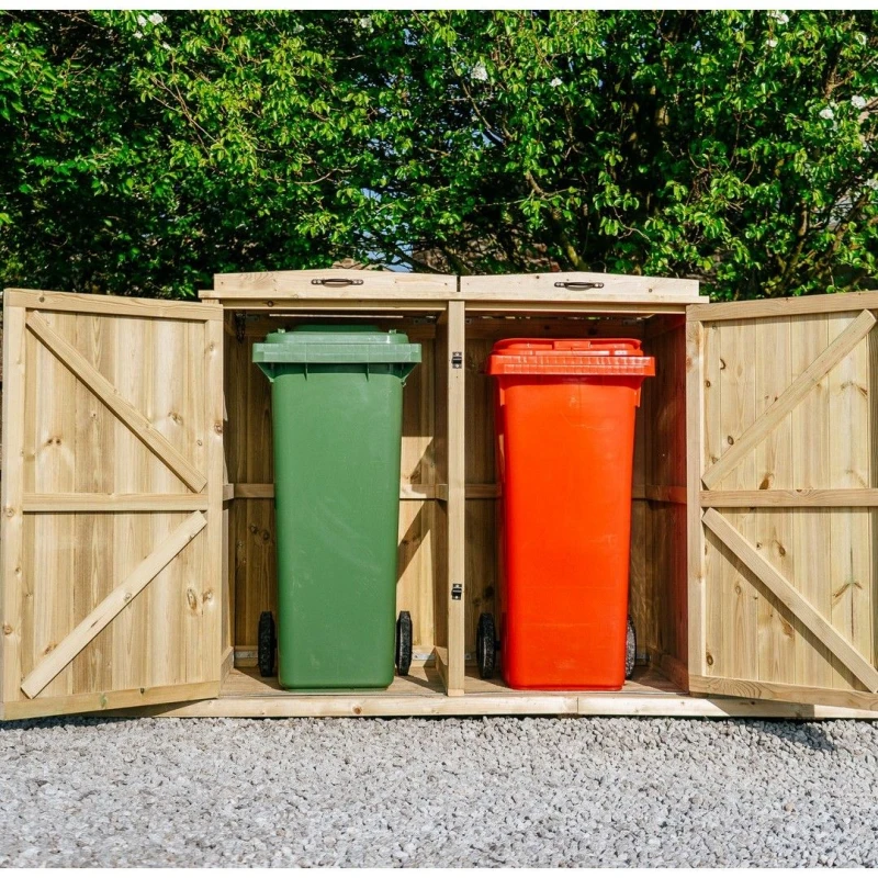 Image of Buttercup Farm Chatburn Double Wheelie Bin Store, Timber - Fits 2 x 140L Wheelie Bins in Brown Brown Unisex