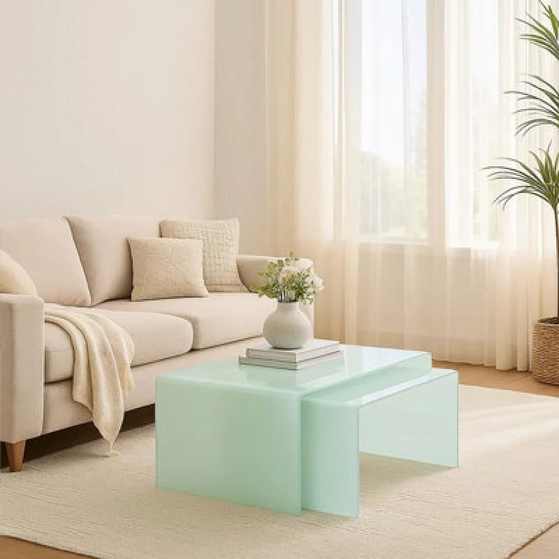 Image of Premier Housewares Nest Of 2 Aqua Green Bent Glass Coffee Tables Green