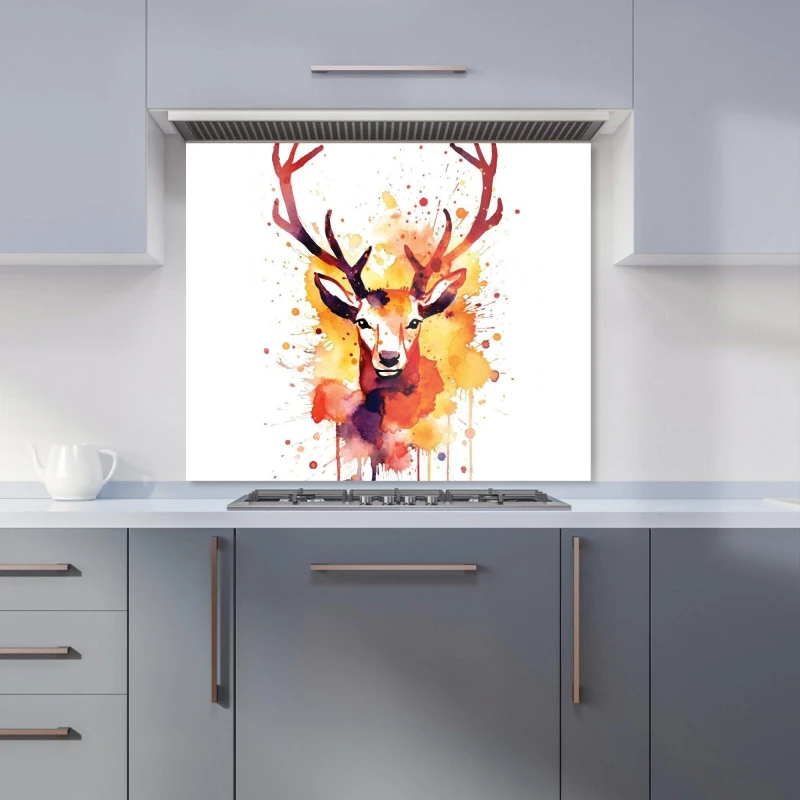 Image of Warren Reed - Designer Watercolour Stag Face Kitchen Splashback in Orange Size: 600mm x 750mm Orange Unisex 600mm x 750mm