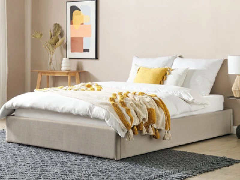 Image of Beliani Ottoman Bed Without Headboard Fabric Dinan 160 X 200 Cm (Eu King Size) Light Brown
