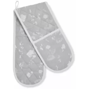 image of Catherine Lansfield Meadowsweet Floral 100% Cotton Double Oven Glove, White/Grey